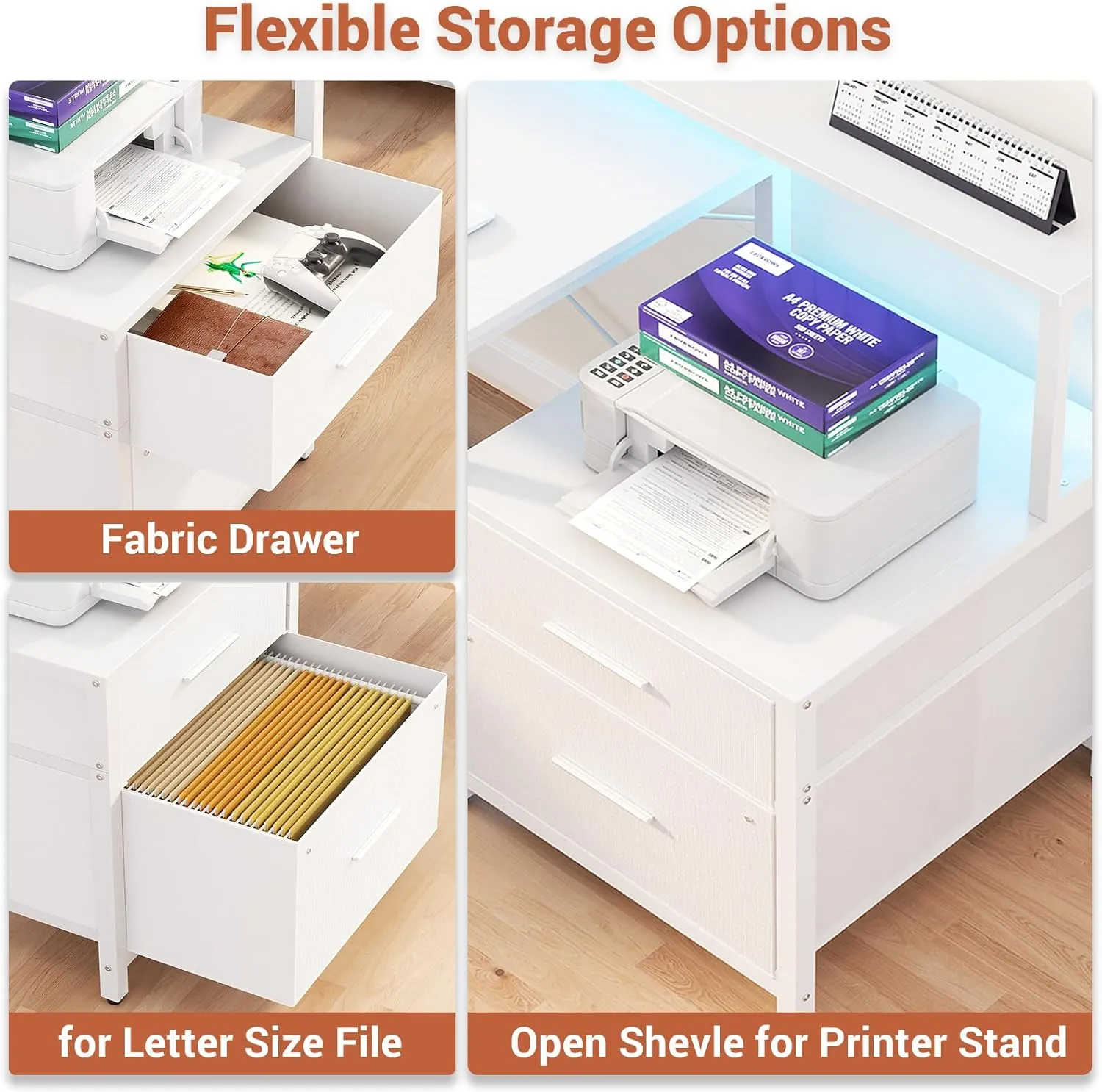 Aheaplus L Shaped Desk with Power Outlet, Reversible L Shaped Computer Desk with File Drawer & Monitor Stand, Gaming Desks with LED Strip, Home Office Desk with Storage Shelf, White