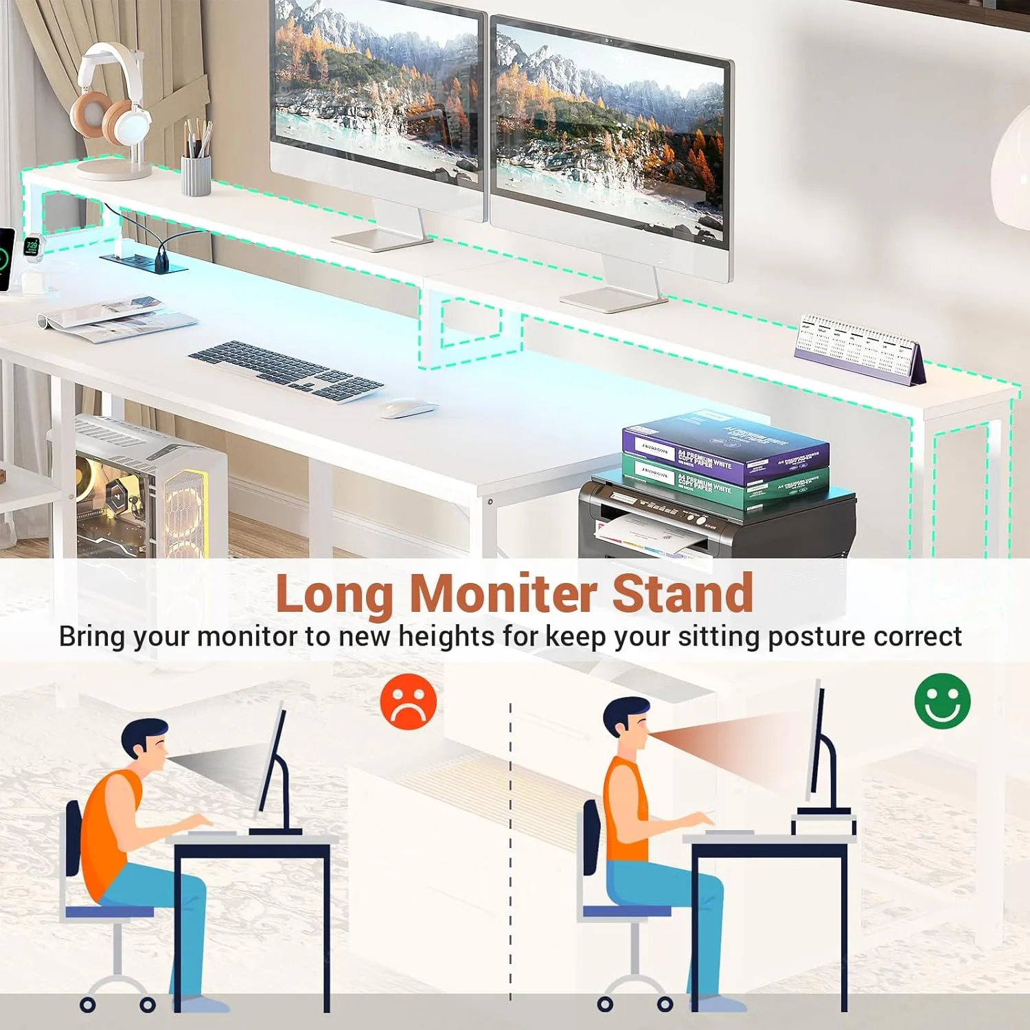 Aheaplus L Shaped Desk with Power Outlet, Reversible L Shaped Computer Desk with File Drawer & Monitor Stand, Gaming Desks with LED Strip, Home Office Desk with Storage Shelf, White