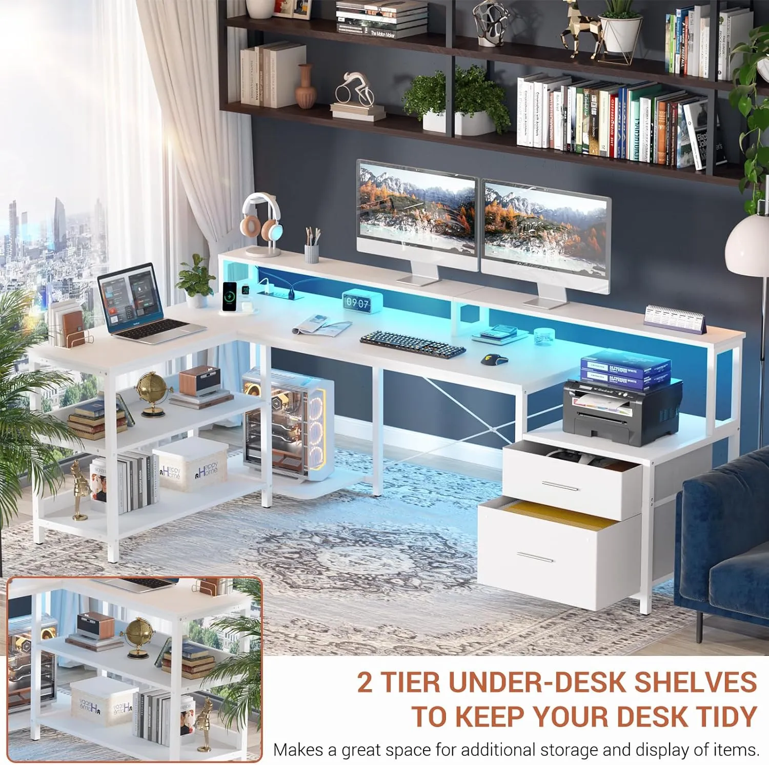 Aheaplus L Shaped Desk with Power Outlet, Reversible L Shaped Computer Desk with File Drawer & Monitor Stand, Gaming Desks with LED Strip, Home Office Desk with Storage Shelf, White