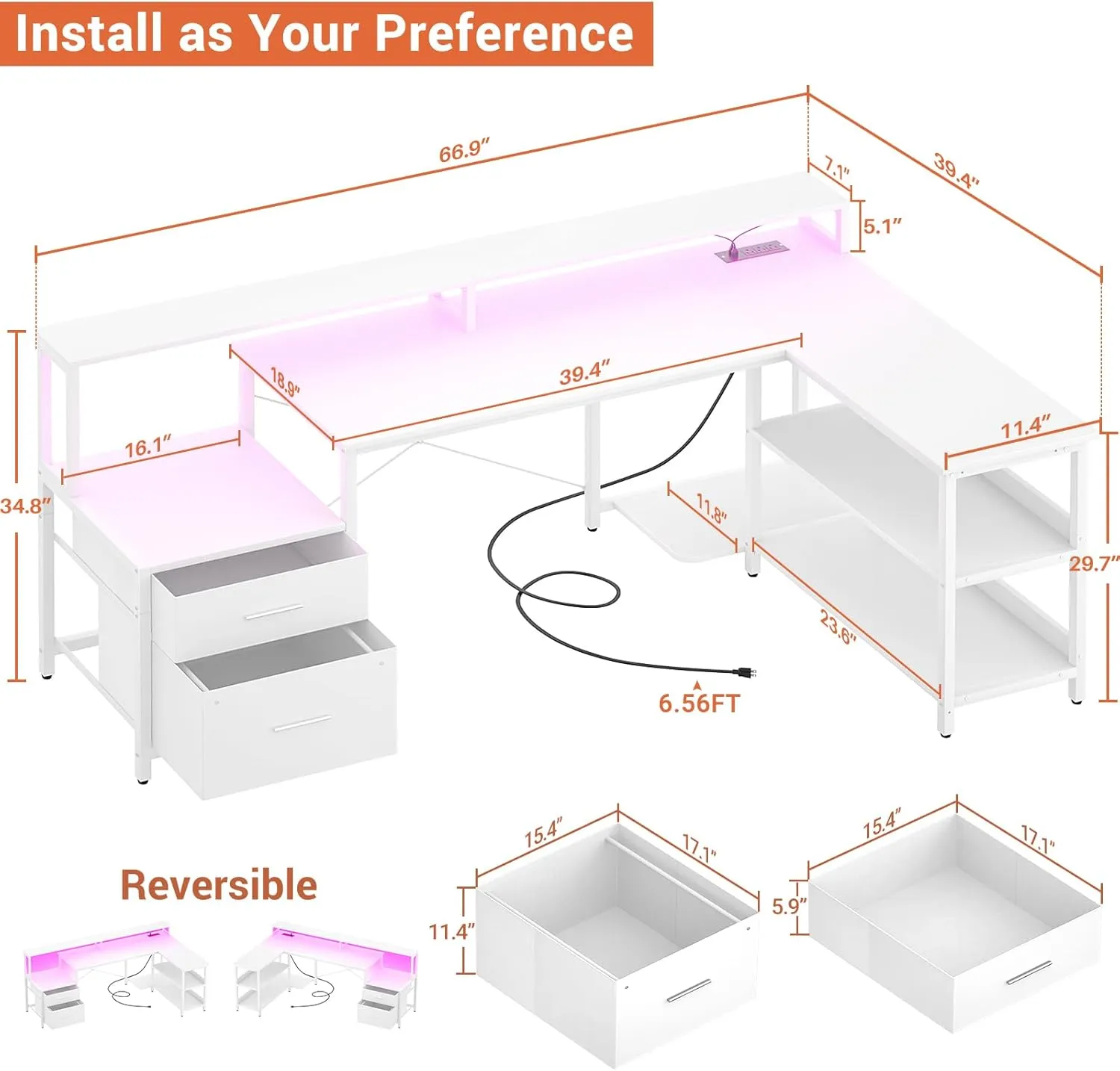 Aheaplus L Shaped Desk with Power Outlet, Reversible L Shaped Computer Desk with File Drawer & Monitor Stand, Gaming Desks with LED Strip, Home Office Desk with Storage Shelf, White