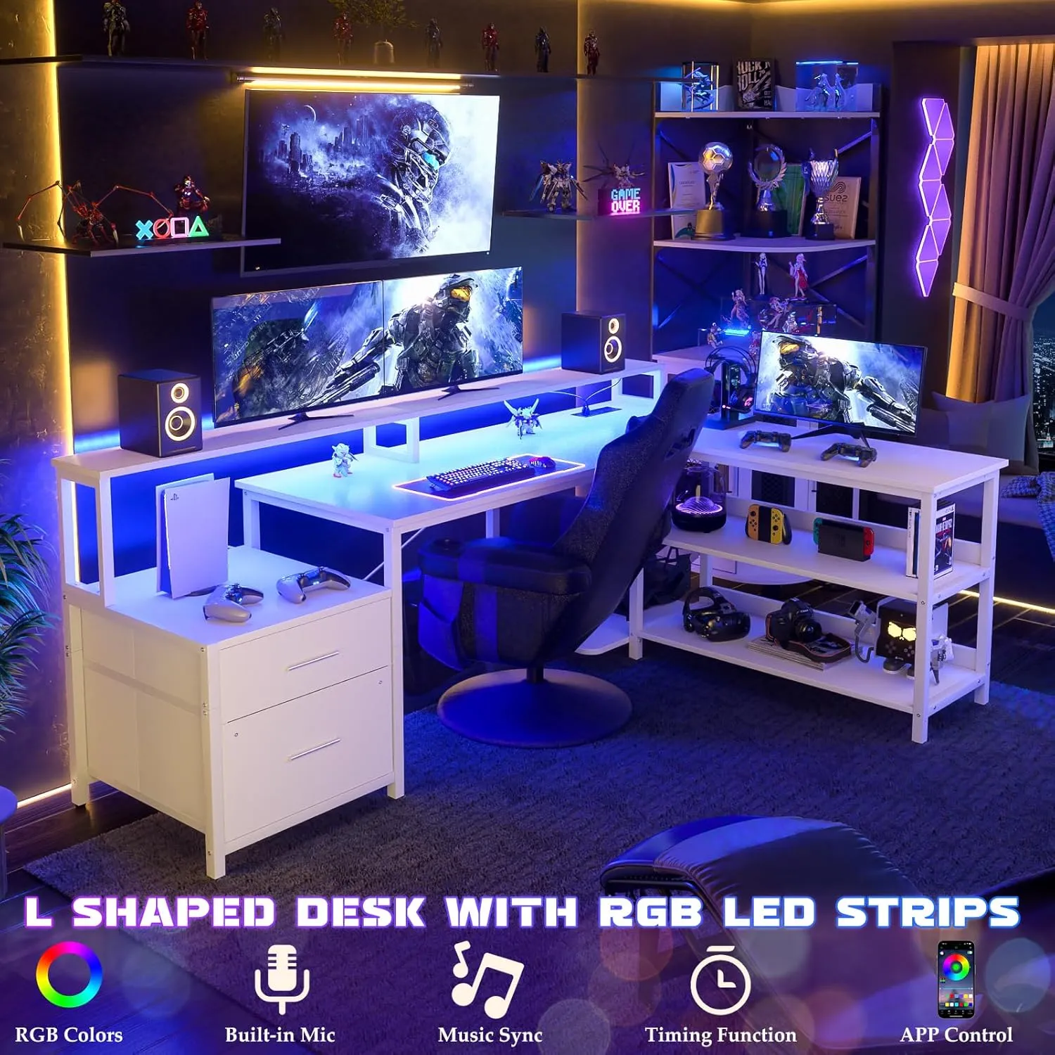Aheaplus L Shaped Desk with Power Outlet, Reversible L Shaped Computer Desk with File Drawer & Monitor Stand, Gaming Desks with LED Strip, Home Office Desk with Storage Shelf, White