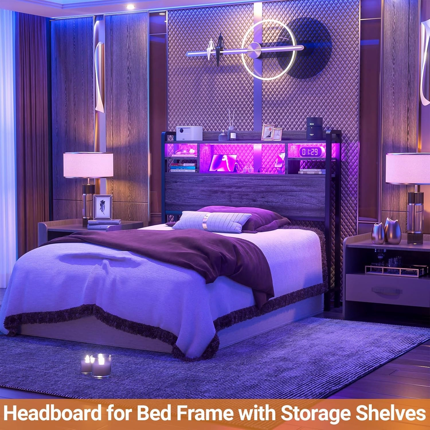 Aheaplus Headboard for Twin Size Bed with Storage, Headboards with LED Light, Power Outlets, USB Ports Twin Size Head Board, Wood headboard Only Sturdy and Stable Headboards, Modern, Black Oak