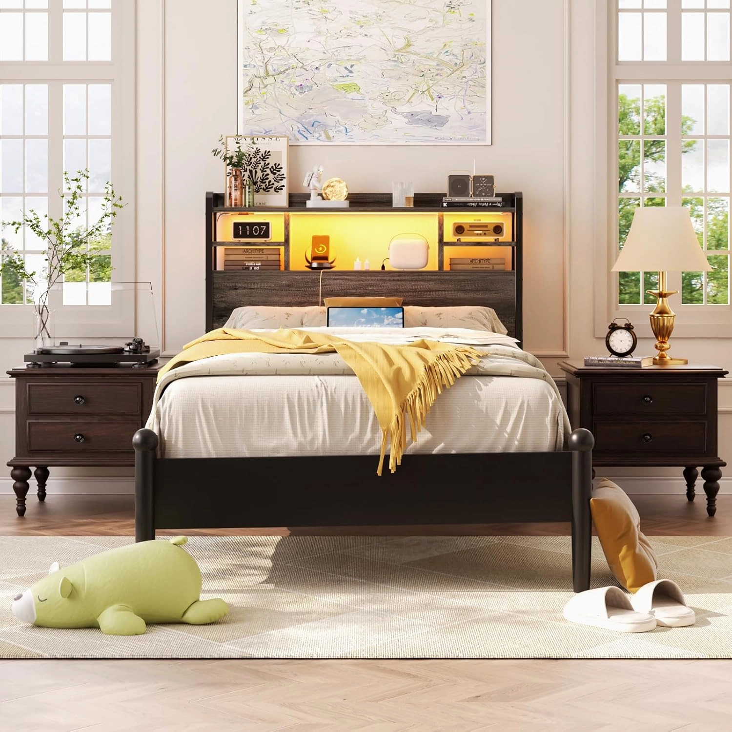 Aheaplus Headboard for Twin Size Bed with Storage, Headboards with LED Light, Power Outlets, USB Ports Twin Size Head Board, Wood headboard Only Sturdy and Stable Headboards, Modern, Black Oak