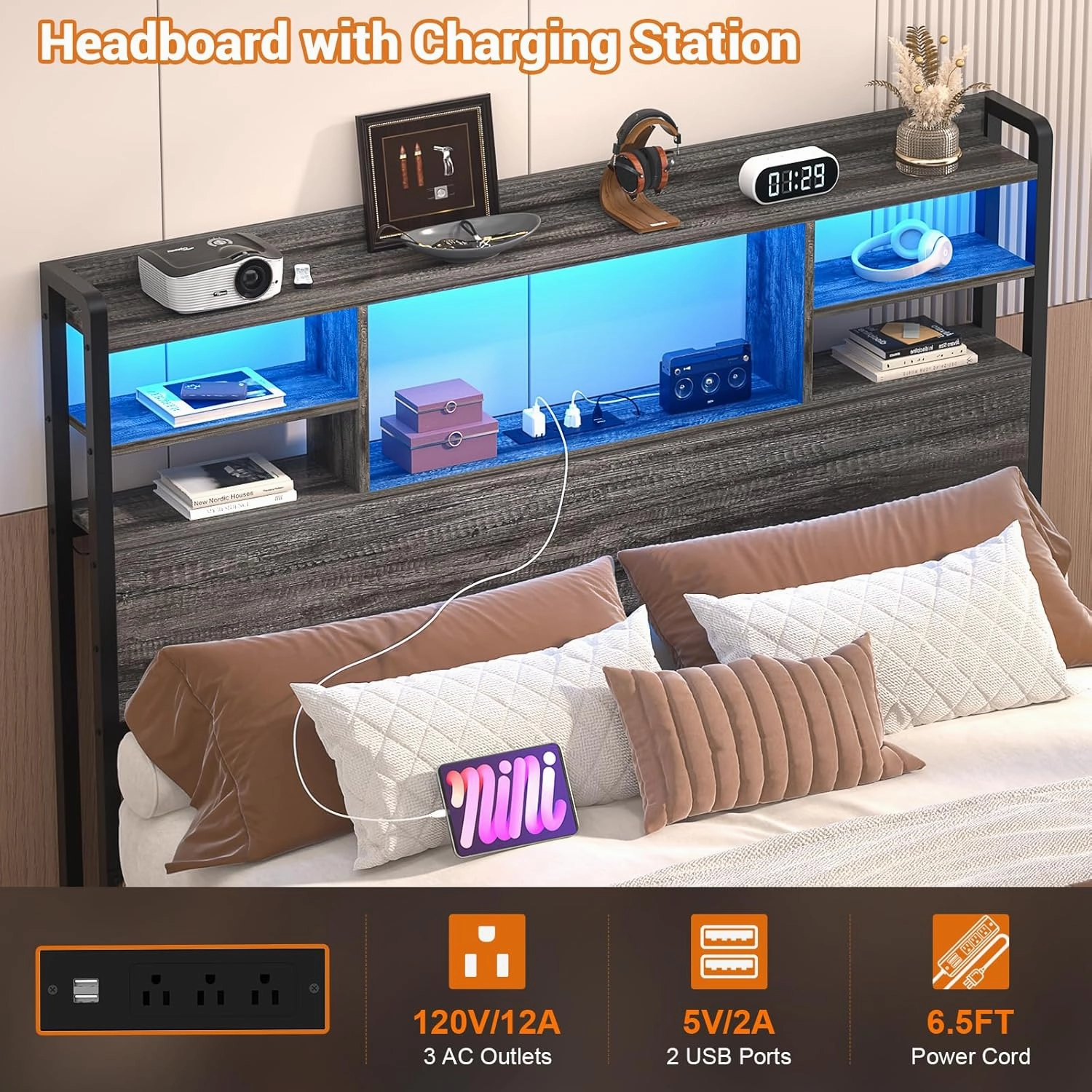 Aheaplus Headboard for Twin Size Bed with Storage, Headboards with LED Light, Power Outlets, USB Ports Twin Size Head Board, Wood headboard Only Sturdy and Stable Headboards, Modern, Black Oak