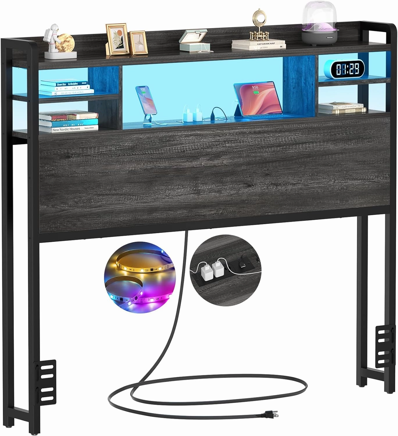 Aheaplus Headboard for Twin Size Bed with Storage, Headboards with LED Light, Power Outlets, USB Ports Twin Size Head Board, Wood headboard Only Sturdy and Stable Headboards, Modern, Black Oak