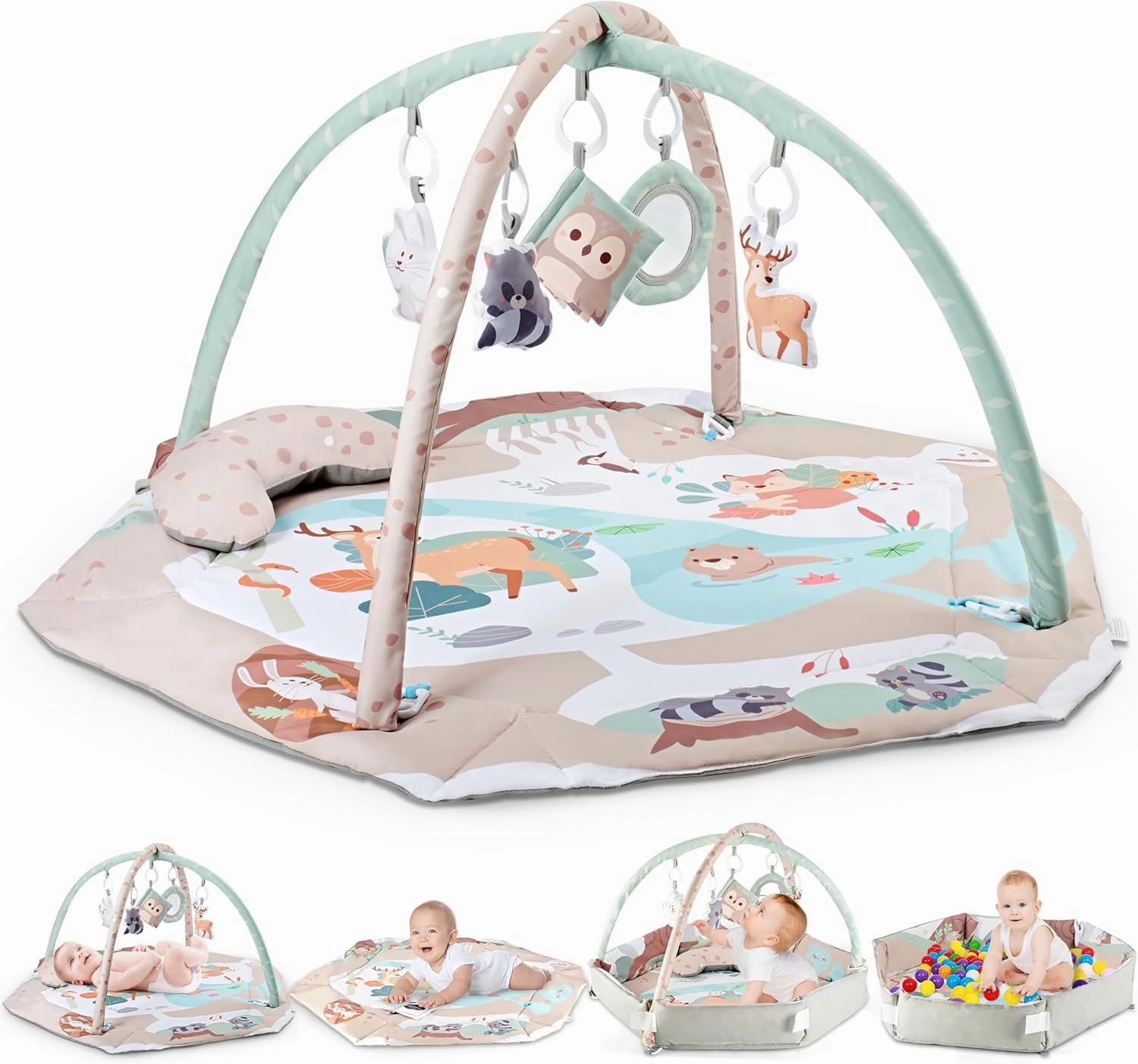 AIBOMUDA Baby Gym Play Mat,Baby Activity Play Mat & & Ball Pit,Washable Tummy Time Mat with 5 Sensory Baby Toys,Boy & Girl Gifts for Inflant Baby 0 3 6 9 13 Months