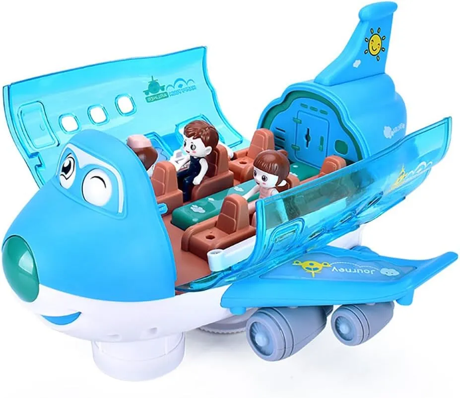 Airliner Musical Aircraft Simulation Model, 360 Rotation Jet With Lights & Music, Universal Wheel, 1 Air Hostess and 2 Passengers (Blue)