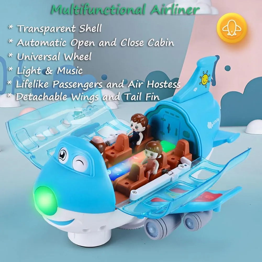 Airliner Musical Aircraft Simulation Model, 360 Rotation Jet With Lights & Music, Universal Wheel, 1 Air Hostess and 2 Passengers (Blue)