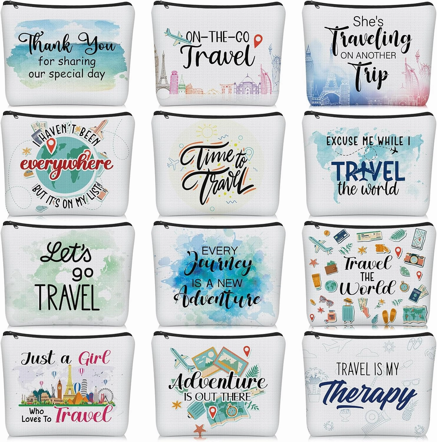 Aliceset 12 Pcs Travel Gifts for Women Globe Travel Makeup Bag with Zipper Trip Cosmetic Toiletry Organizer Bag Gift Trip Accessories for Birthday Christmas International Travelers Female Friend