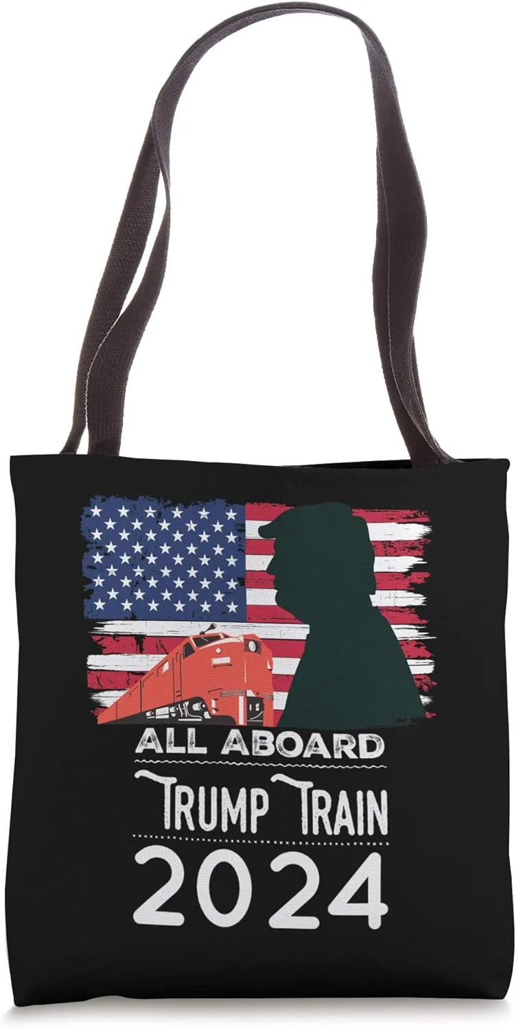 All Aboard Trump Train 2024 Vintage American Flag Apparel Tote Bag
