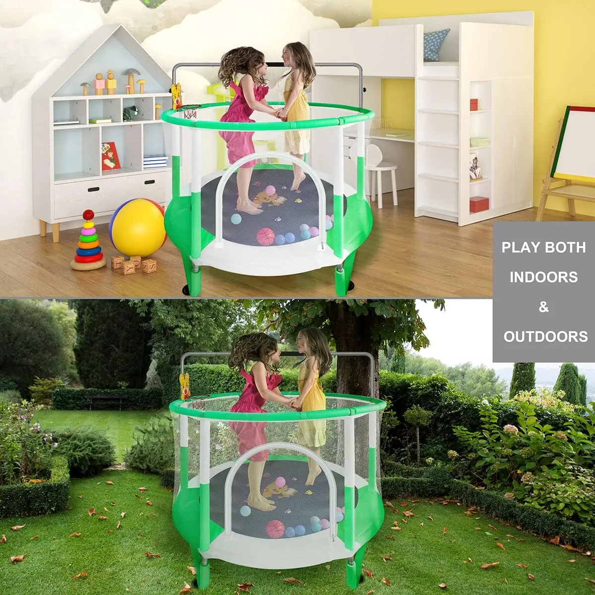 All-in-One Kids Trampoline with Safety Guardrails & 6-in-1 Play Kit Indoor/Outdoor Jumping Mat with Foam-Padded Enclosure (58'')