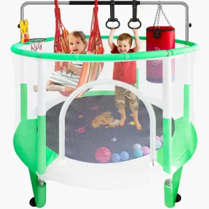 All-in-One Kids Trampoline with Safety Guardrails & 6-in-1 Play Kit Indoor/Outdoor Jumping Mat with Foam-Padded Enclosure (58'')