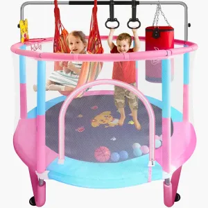 All-in-One Kids Trampoline with Safety Guardrails & 6-in-1 Play Kit Indoor/Outdoor Jumping Mat with Foam-Padded Enclosure (58'')