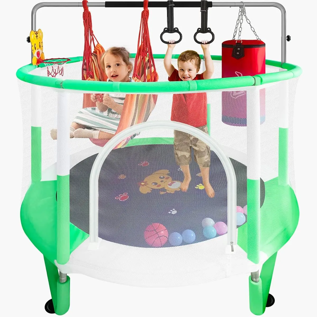 All-in-One Kids Trampoline with Safety Guardrails & 6-in-1 Play Kit Indoor/Outdoor Jumping Mat with Foam-Padded Enclosure (58'')