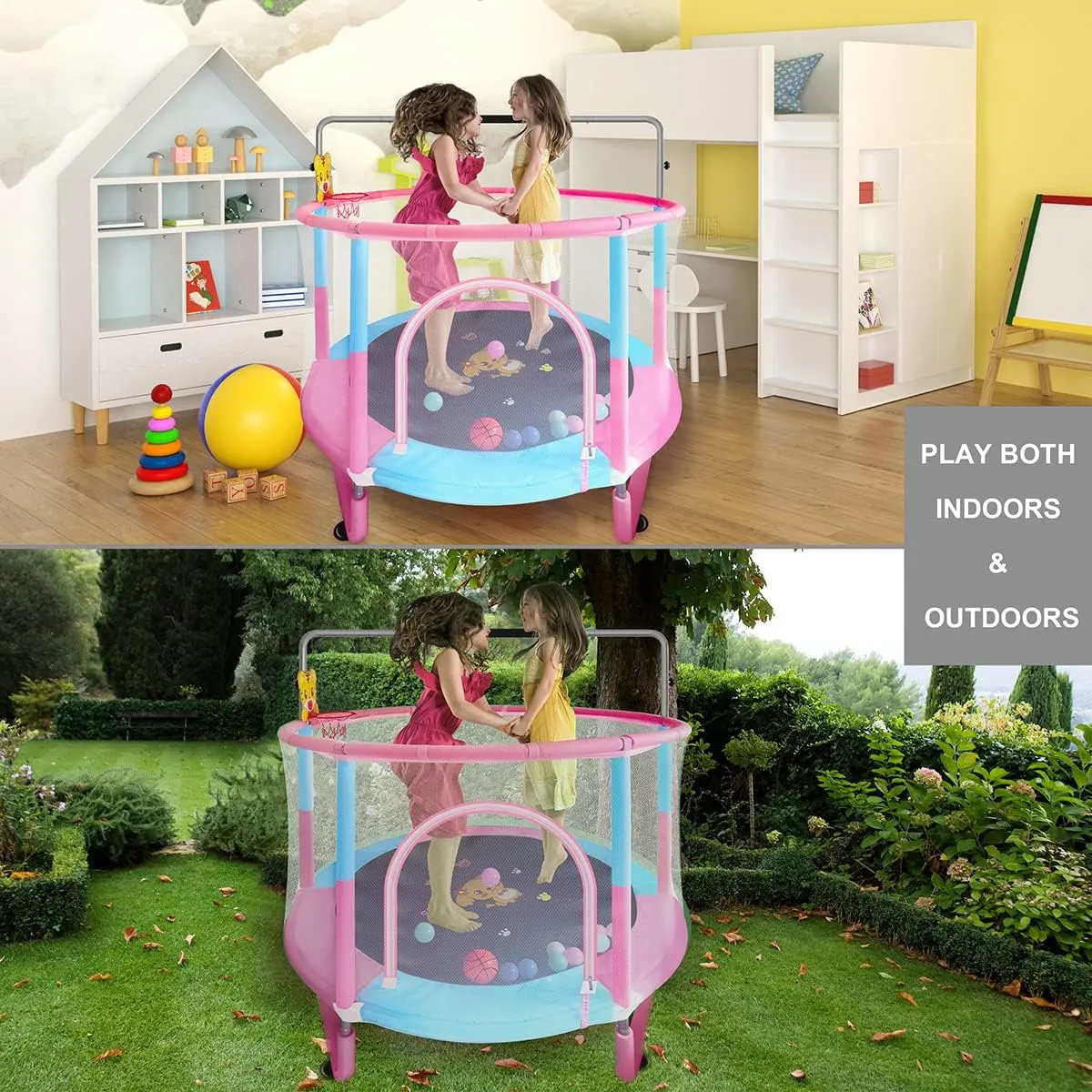 All-in-One Kids Trampoline with Safety Guardrails & 6-in-1 Play Kit Indoor/Outdoor Jumping Mat with Foam-Padded Enclosure (58'')