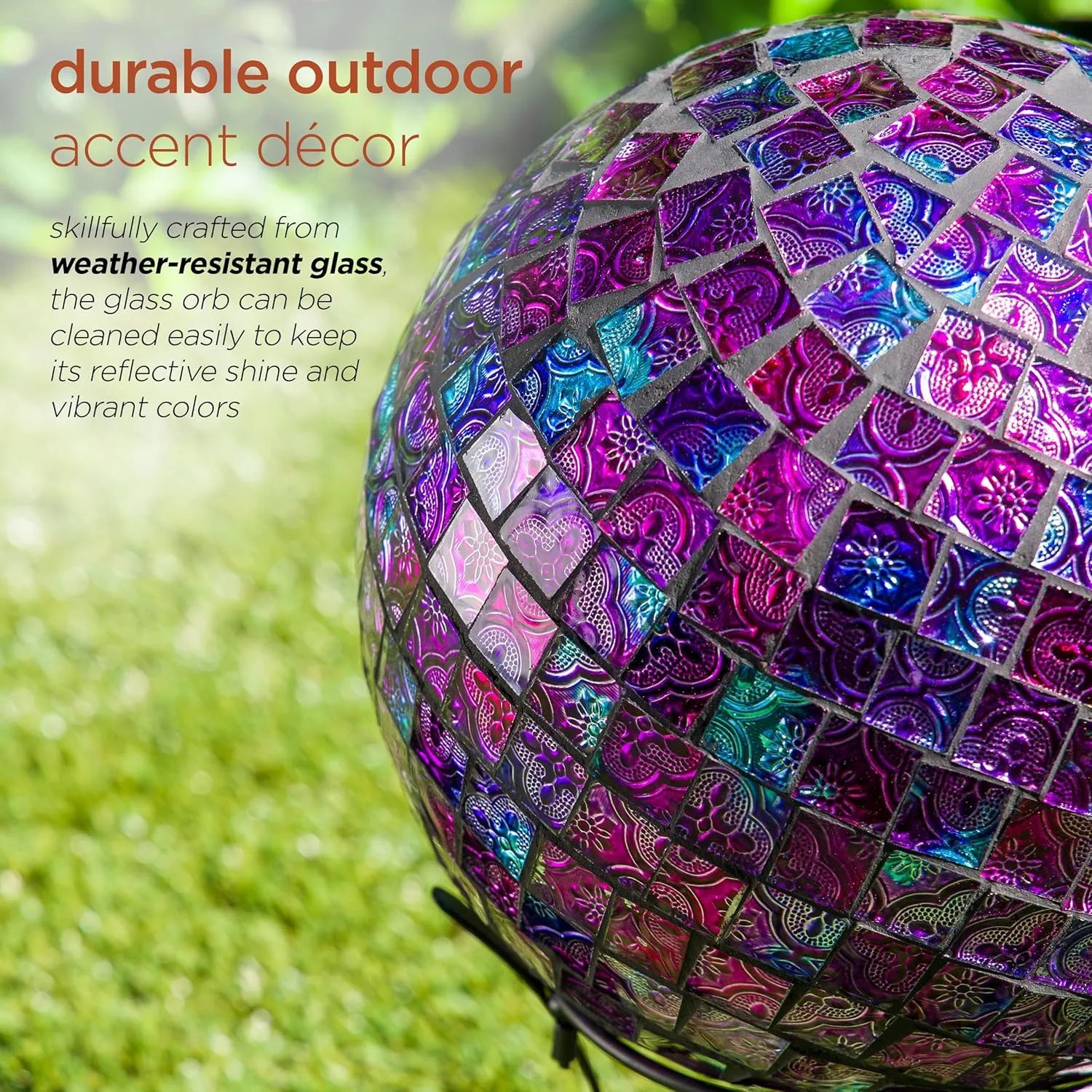 Alpine Corporation 10" Diameter Indoor/Outdoor Glass Mosaic Gazing Globe Yard Decoration, Purple Embossed Tile