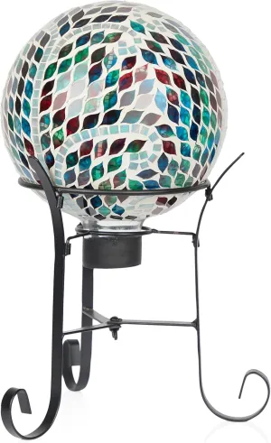 Alpine Corporation HGY287A Mosaic Gazing Globe with Scroll Pattern & Metal Stand, Colorful Décor for Lawn & Garden, 15" H