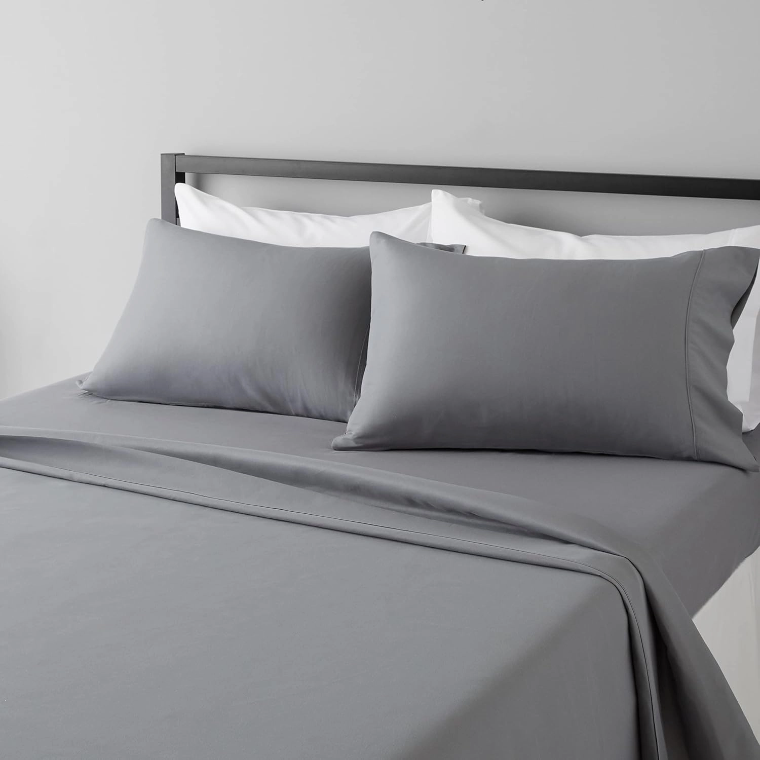 Amazon Basics Lightweight Super Soft Comfortable Brushed Microfiber 4 Piece Bed Sheet Set with 14-Inch Deep Pockets, Queen, Dark Gray, Solid