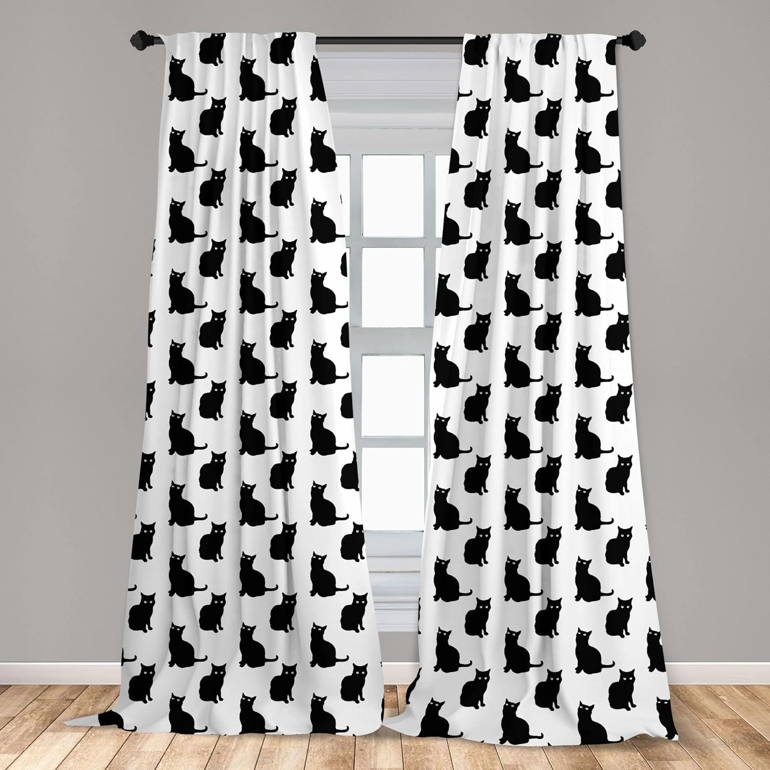 Ambesonne Cat Curtains, Black Cat on White Backdrop Playful Friendly Animals Posing Domestic Pets, Window Treatments 2 Panel Set for Living Room Bedroom, Pair of - 28" x 84", Black White