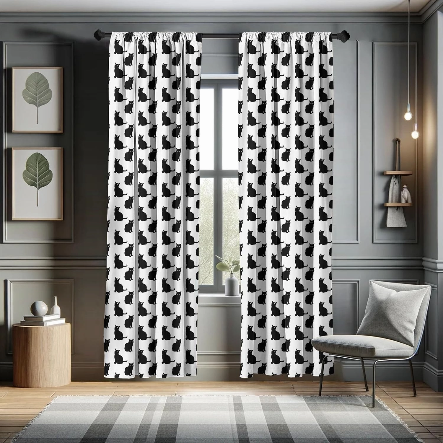 Ambesonne Cat Curtains, Black Cat on White Backdrop Playful Friendly Animals Posing Domestic Pets, Window Treatments 2 Panel Set for Living Room Bedroom, Pair of - 28" x 84", Black White
