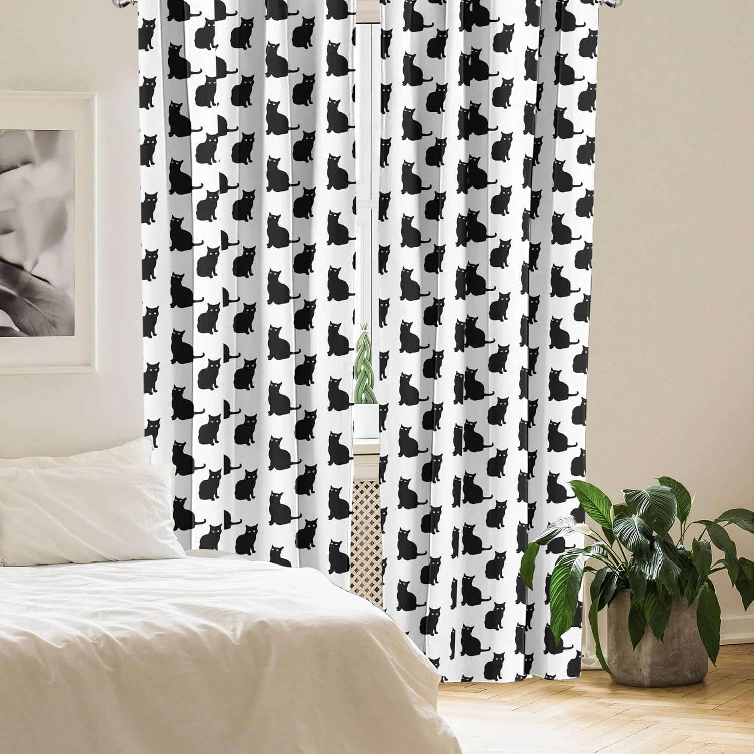 Ambesonne Cat Curtains, Black Cat on White Backdrop Playful Friendly Animals Posing Domestic Pets, Window Treatments 2 Panel Set for Living Room Bedroom, Pair of - 28" x 84", Black White