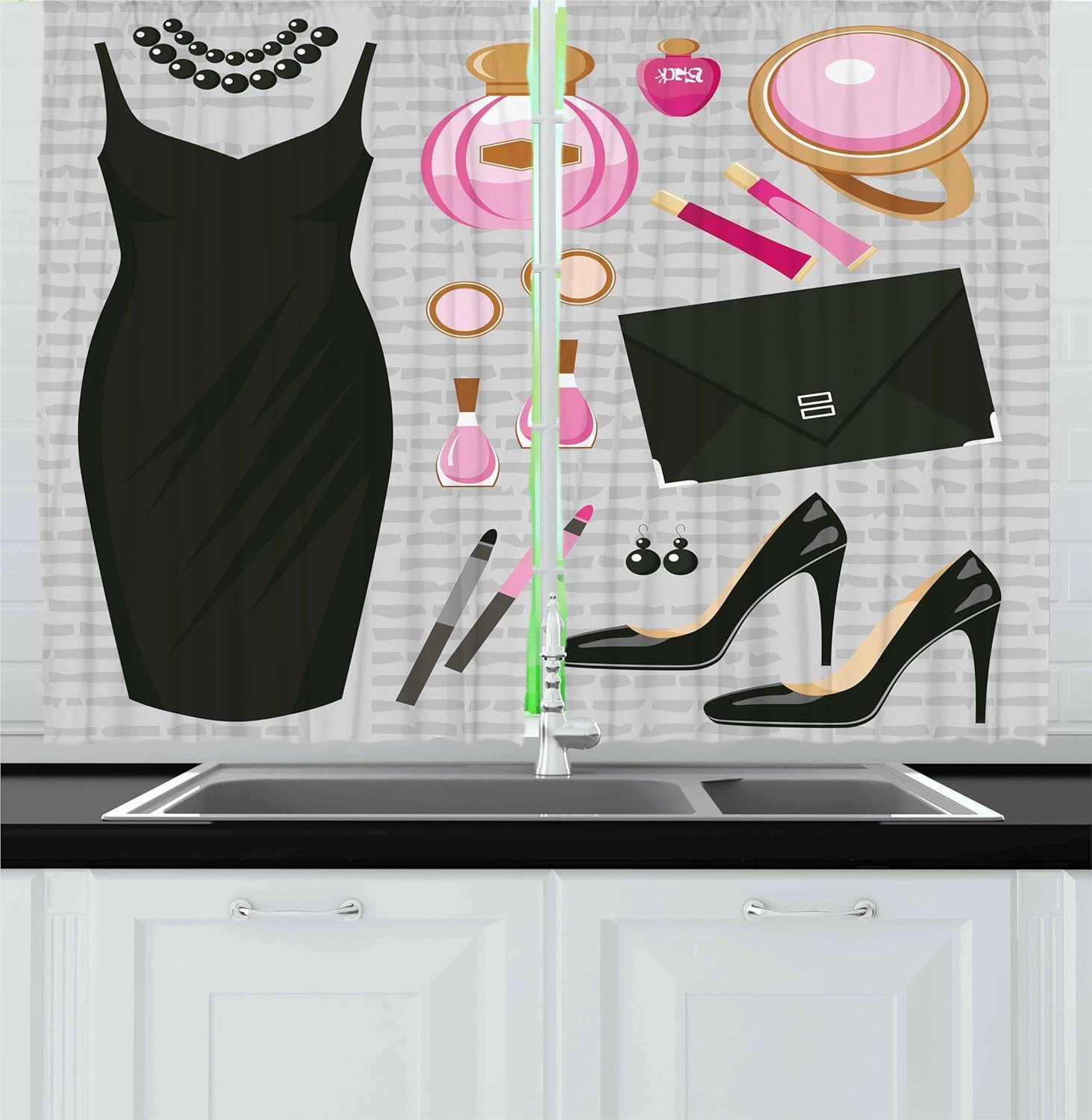 Ambesonne Heels and Dresses Kitchen Curtains, Black Smart Cocktail Dress Perfume Make up Clutch Bag, Window Drapes 2 Panel Set for Kitchen Cafe Decor, 55" x 30", Brown Pink