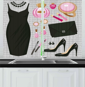 Ambesonne Heels and Dresses Kitchen Curtains, Black Smart Cocktail Dress Perfume Make up Clutch Bag, Window Drapes 2 Panel Set for Kitchen Cafe Decor, 55" x 30", Brown Pink