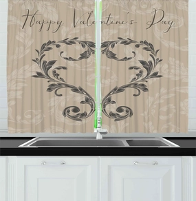 Ambesonne Taupe Kitchen Curtains, Happy Valentine's Day Hand Writing Laurel Leaves Forming a Heart Victorian, Window Drapes 2 Panel Set for Kitchen Cafe Decor, 55" x 39", Taupe Tan