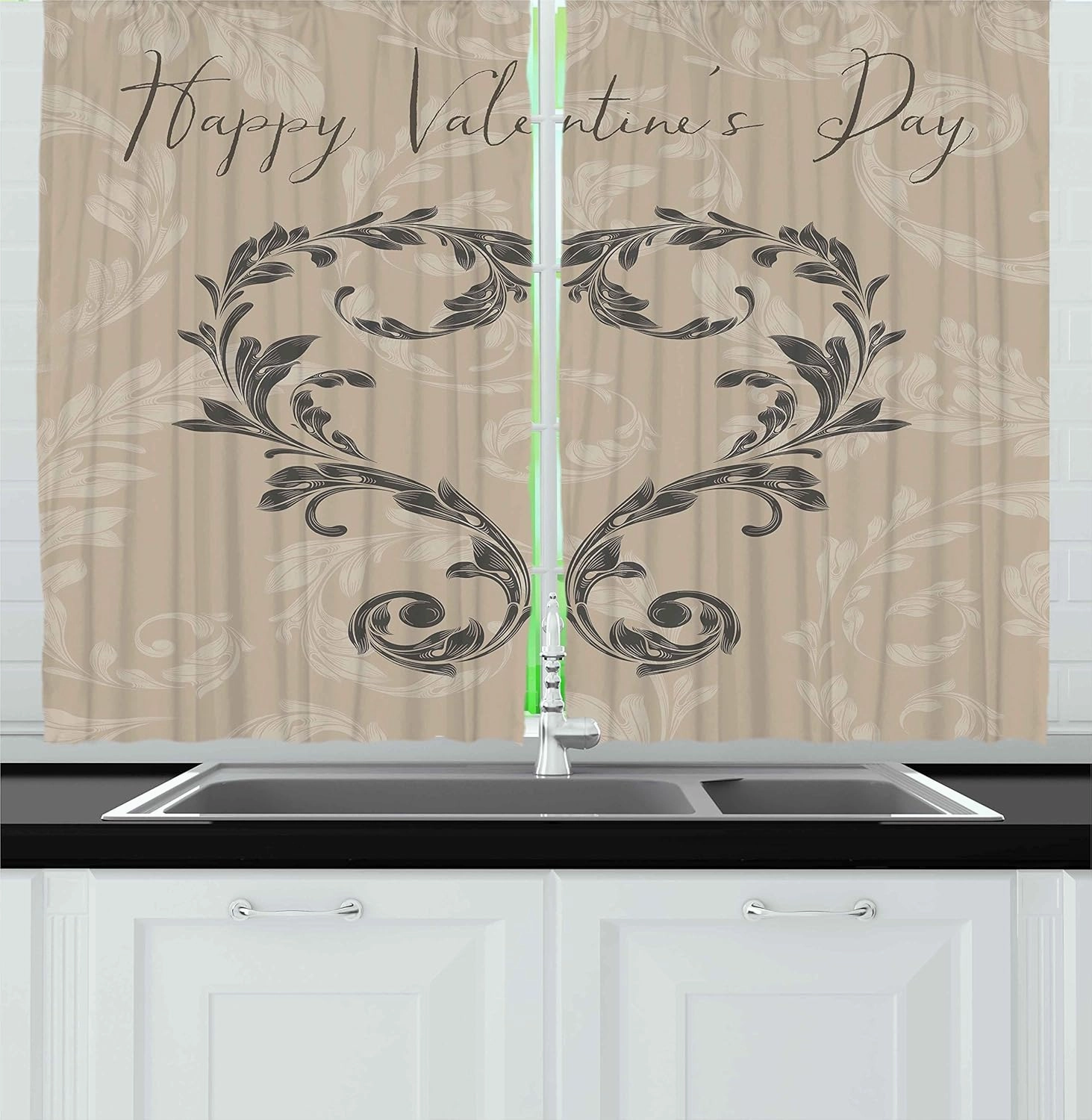 Ambesonne Taupe Kitchen Curtains, Happy Valentine's Day Hand Writing Laurel Leaves Forming a Heart Victorian, Window Drapes 2 Panel Set for Kitchen Cafe Decor, 55" x 39", Taupe Tan