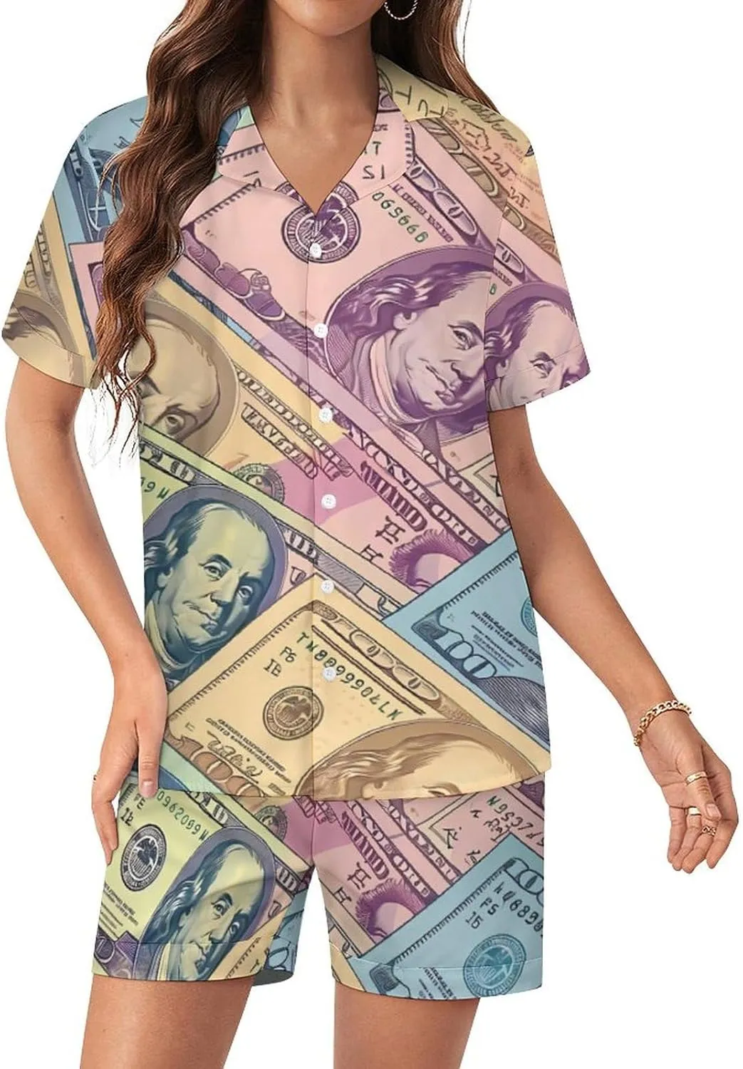 American Money Colorful Bill Dollars Women's Satin Pajama Set Short Sleeve Button Down Sleepwear Loungewear Pj Set
