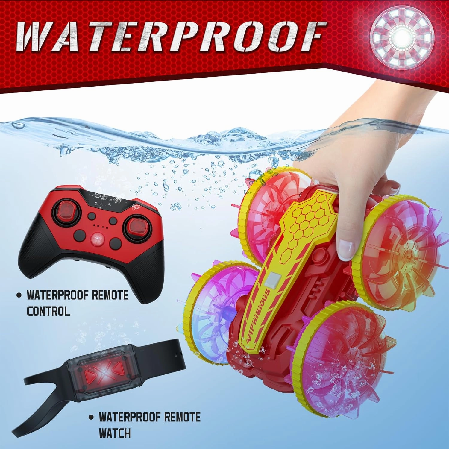 Amphibious RC Car with Lights for Kids 6-12 Year Old Gesture Sensor RC Stunt Cars Boat 4WD 2.4GHz Waterproof Hand Controlled Remote Control Car 360° Rotating Water Beach Pool Toys Gift for Boys Girls