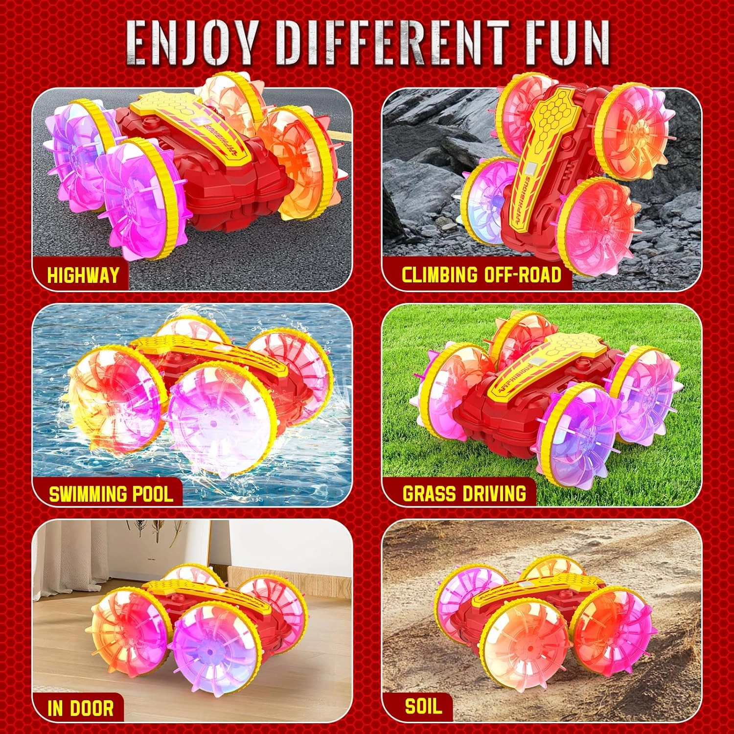 Amphibious RC Car with Lights for Kids 6-12 Year Old Gesture Sensor RC Stunt Cars Boat 4WD 2.4GHz Waterproof Hand Controlled Remote Control Car 360° Rotating Water Beach Pool Toys Gift for Boys Girls