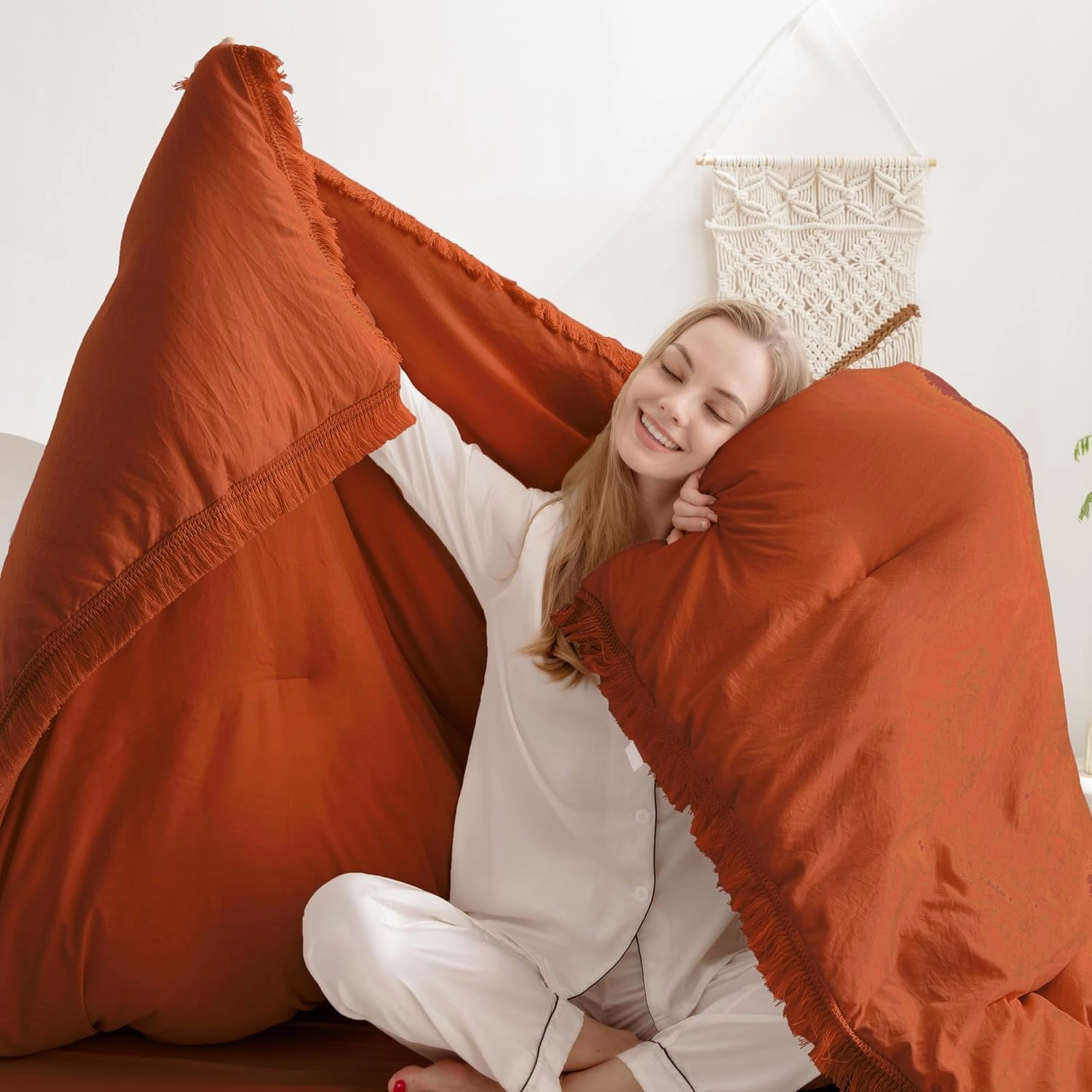 Andency Comforter Full Size Set Burnt Orange, 3 Pieces Boho Terracotta Winter Lightweight Bedding Comforter Sets, All Season Rust Tassel Bed Set (79x90In Comforter & 2 Pillowcases)