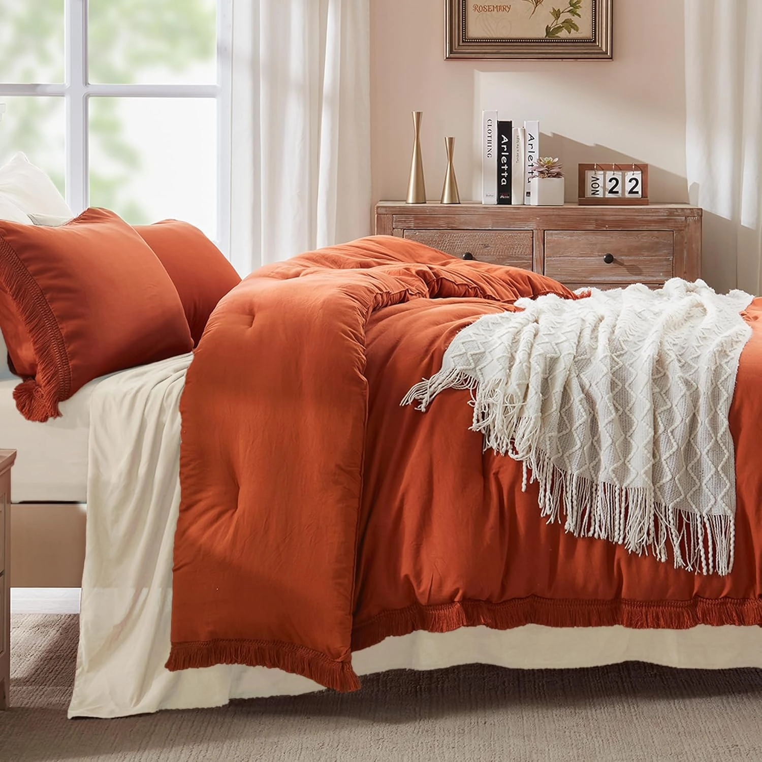 Andency Comforter Full Size Set Burnt Orange, 3 Pieces Boho Terracotta Winter Lightweight Bedding Comforter Sets, All Season Rust Tassel Bed Set (79x90In Comforter & 2 Pillowcases)
