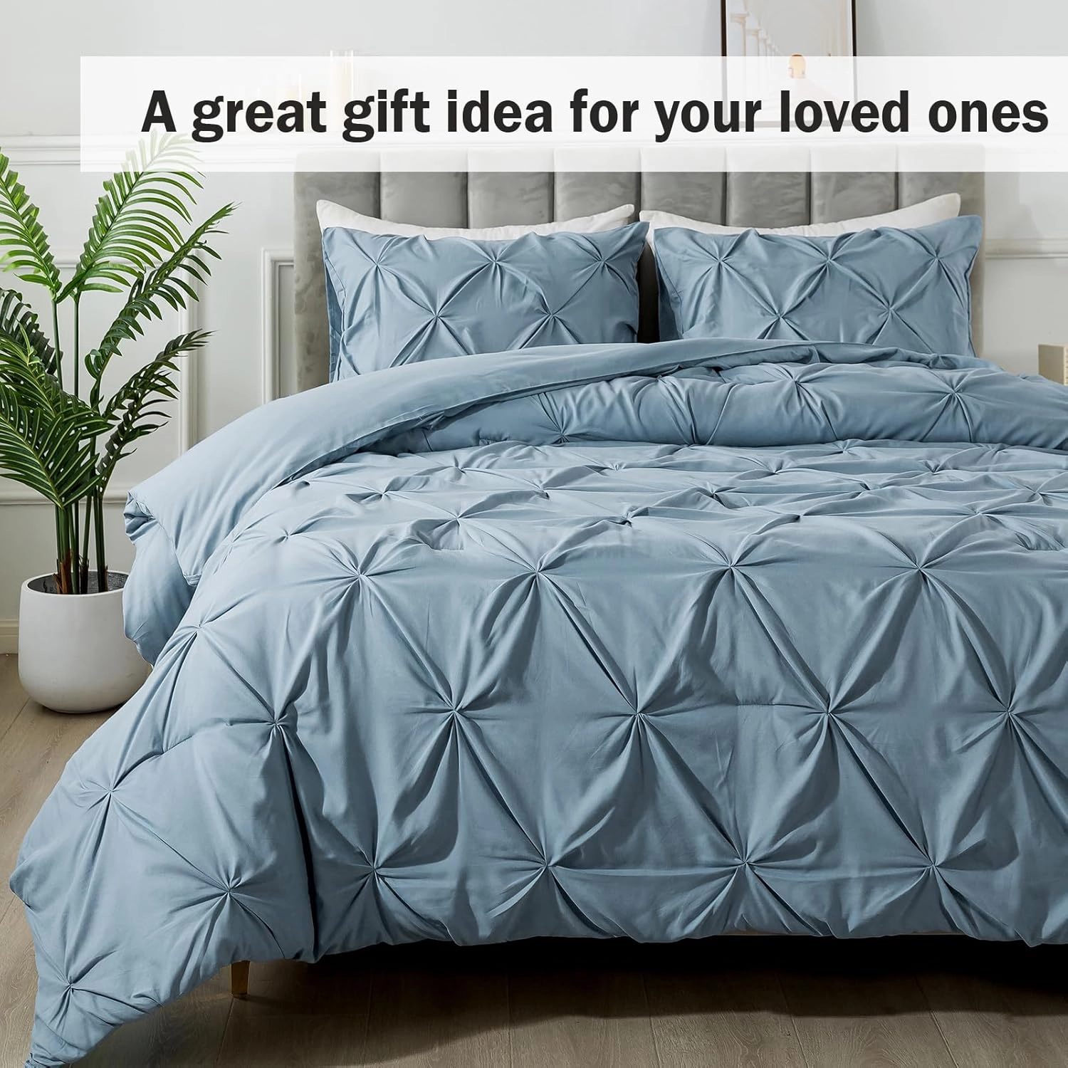 Andency Grayish Blue California King Pinch Pleat Comforter Sets(104x96Inch), 3 Pieces Cal King Pintuck Comforter, Oversized Boho Shabby Chic Bed Comforter, Lightweight Soft Microfiber Bedding Sets