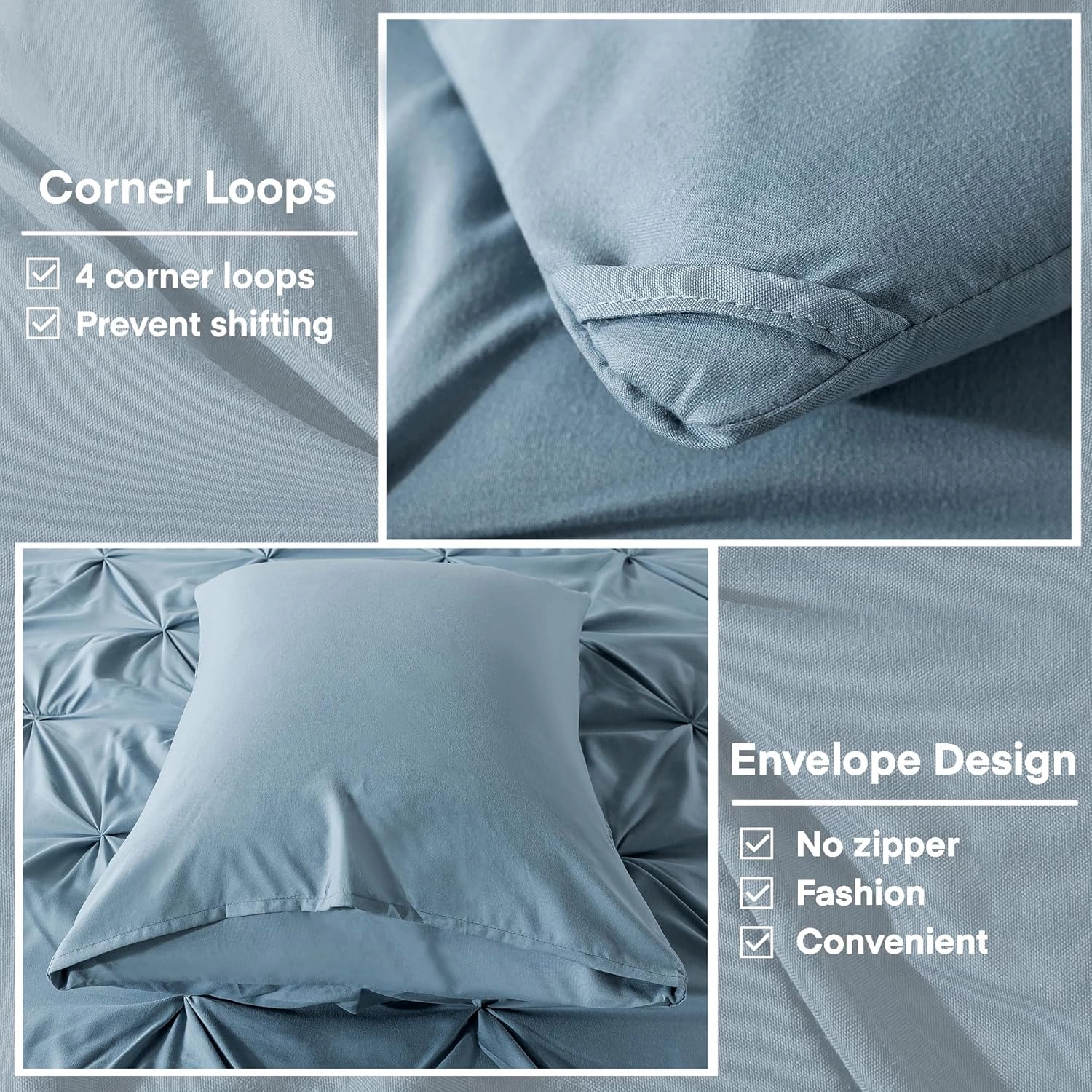 Andency Grayish Blue California King Pinch Pleat Comforter Sets(104x96Inch), 3 Pieces Cal King Pintuck Comforter, Oversized Boho Shabby Chic Bed Comforter, Lightweight Soft Microfiber Bedding Sets