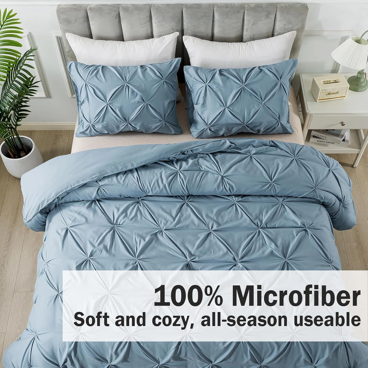 Andency Grayish Blue California King Pinch Pleat Comforter Sets(104x96Inch), 3 Pieces Cal King Pintuck Comforter, Oversized Boho Shabby Chic Bed Comforter, Lightweight Soft Microfiber Bedding Sets