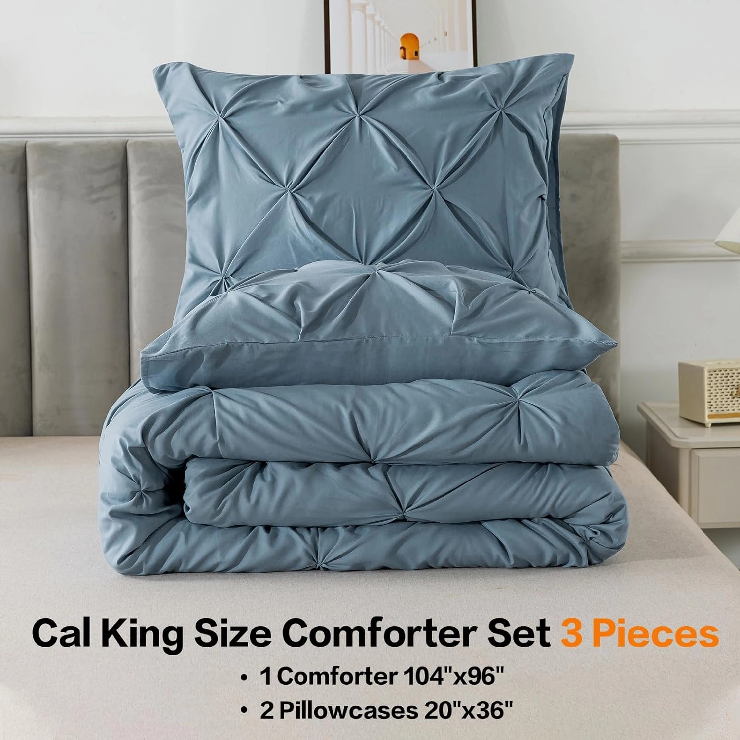 Andency Grayish Blue California King Pinch Pleat Comforter Sets(104x96Inch), 3 Pieces Cal King Pintuck Comforter, Oversized Boho Shabby Chic Bed Comforter, Lightweight Soft Microfiber Bedding Sets