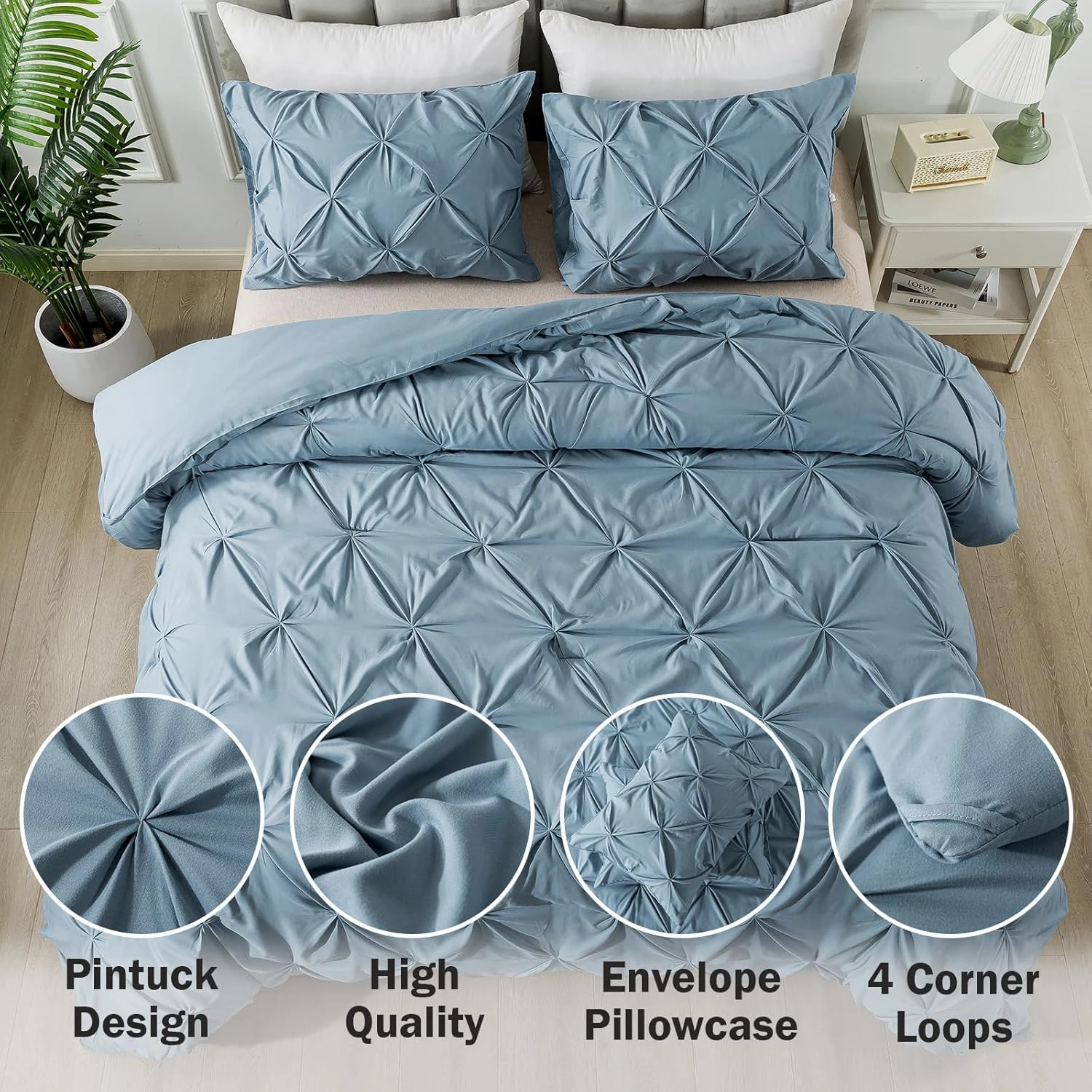 Andency Grayish Blue California King Pinch Pleat Comforter Sets(104x96Inch), 3 Pieces Cal King Pintuck Comforter, Oversized Boho Shabby Chic Bed Comforter, Lightweight Soft Microfiber Bedding Sets