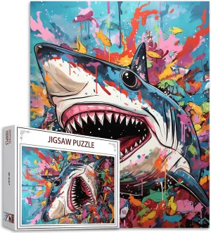 Animal 1000 Piece Jigsaw Puzzles for Adults Graffitic Shark Painting Jigsaw Puzzle Underwater World 1000 Pieces Puzzles Game Home Wall Decor DIY Craft Aquarium Sea Life Puzzle Art Gift(Colorful)