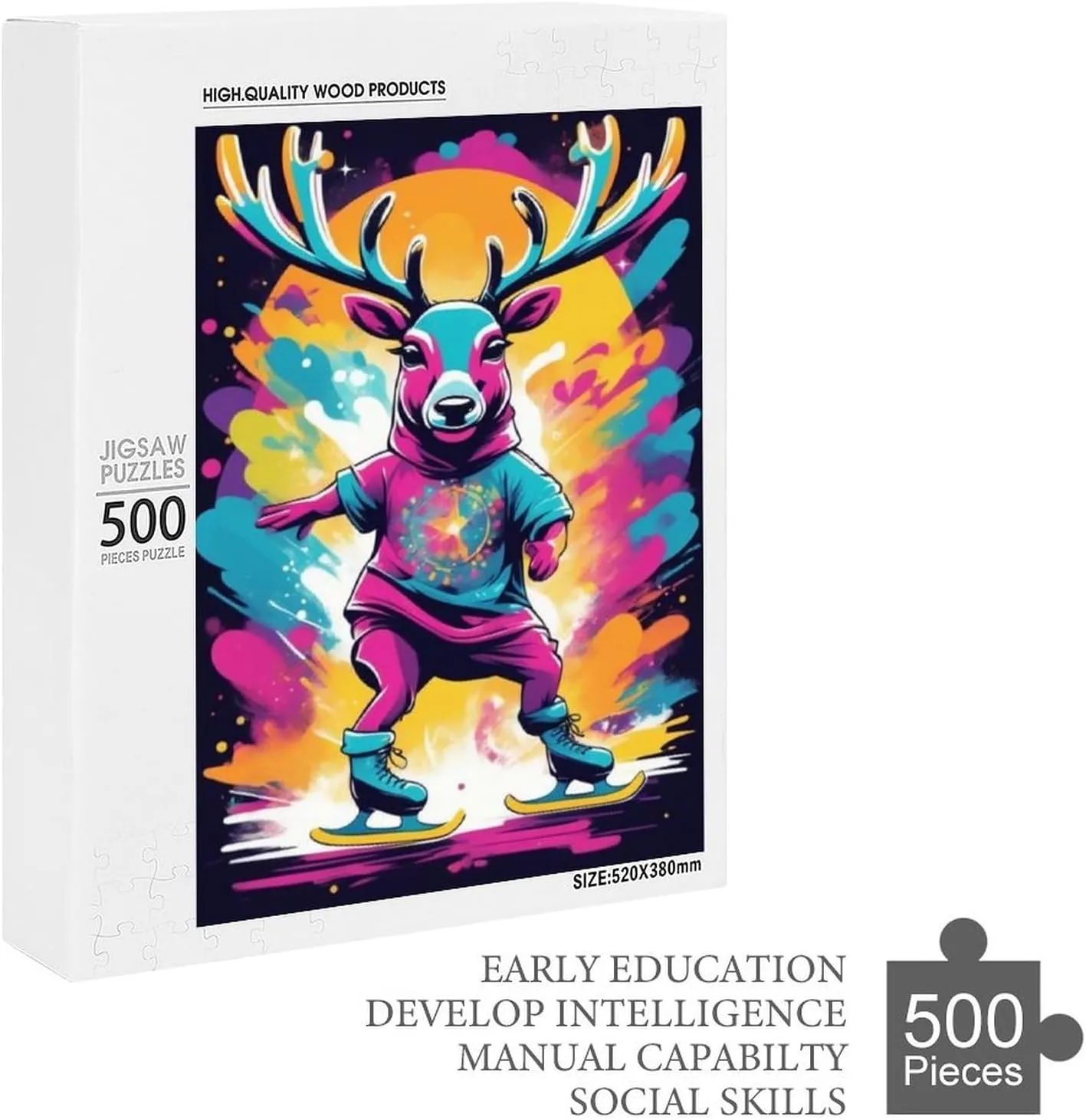 Animals Jigsaw Puzzle Adult Jigsaw Puzzle 500 Pieces Skateboarding with Reindeer Each Piece is Very Beautiful,Colorful Animals Theme Jigsaw Puzzle,Adult Challenge Activity,Unique Gift Ideas