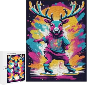 Animals Jigsaw Puzzle Adult Jigsaw Puzzle 500 Pieces Skateboarding with Reindeer Each Piece is Very Beautiful,Colorful Animals Theme Jigsaw Puzzle,Adult Challenge Activity,Unique Gift Ideas