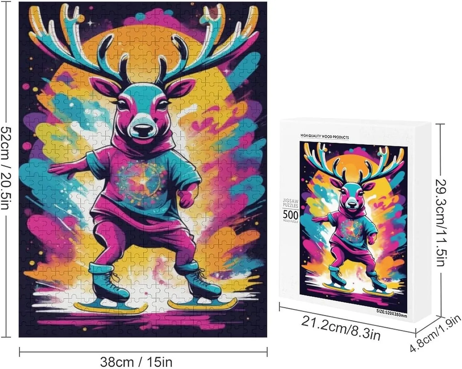 Animals Jigsaw Puzzle Adult Jigsaw Puzzle 500 Pieces Skateboarding with Reindeer Each Piece is Very Beautiful,Colorful Animals Theme Jigsaw Puzzle,Adult Challenge Activity,Unique Gift Ideas