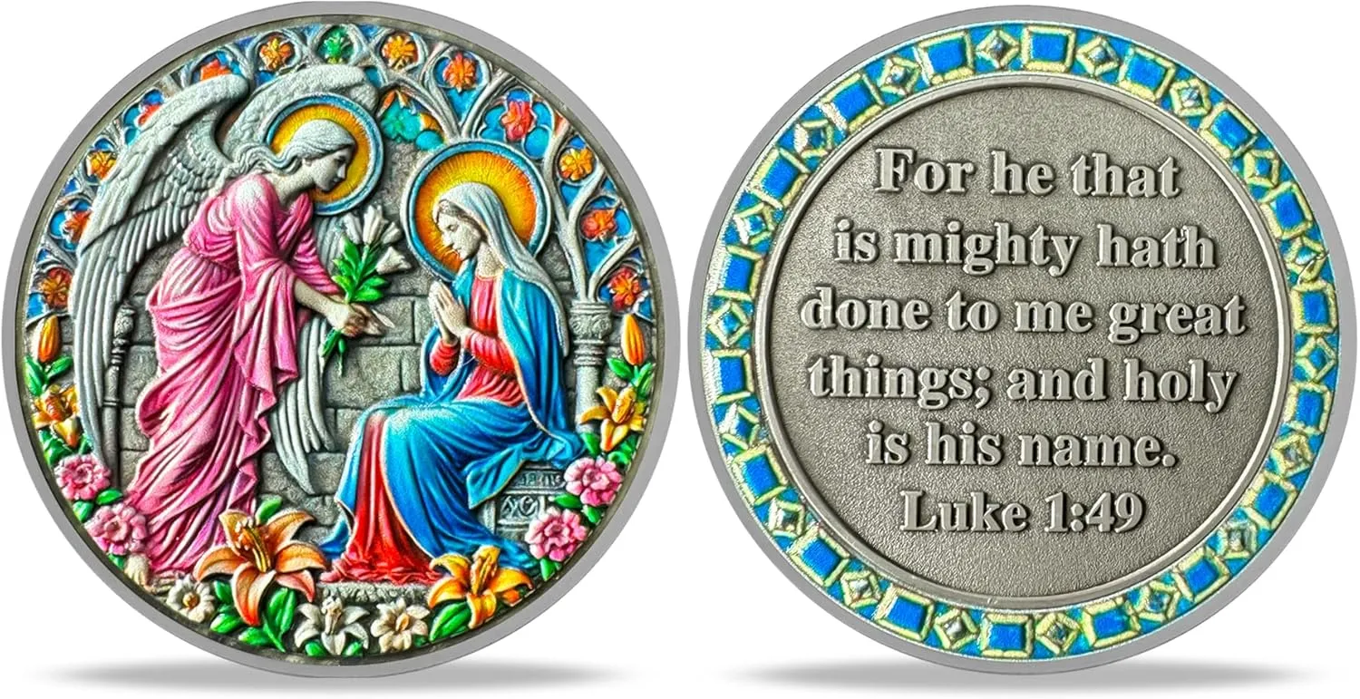 Annunciation Angel Religious Coin - Inspirational Angel and Virgin Mary Medallions with Biblical Verse - Ideal Religious and Spiritual Gifts for Men & Women Celebrating Faith and Devotion