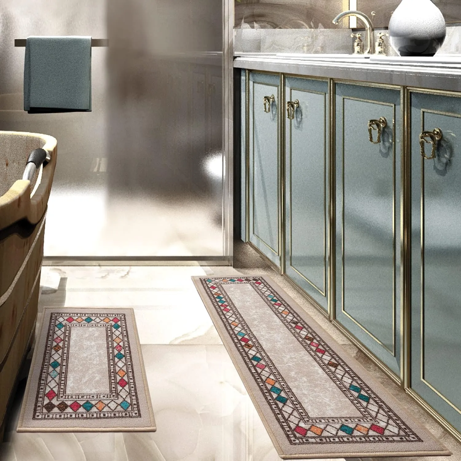 Antep Rugs Alfombras Modern Bordered 2pc Non-Skid (Non-Slip) Low Profile Pile Rubber Backing Indoor Kitchen Runner Rugs (Beige, 2pc Set)