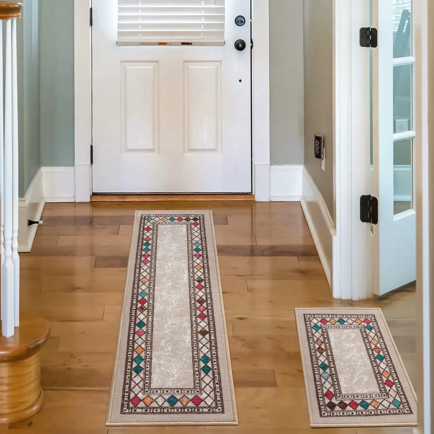 Antep Rugs Alfombras Modern Bordered 2pc Non-Skid (Non-Slip) Low Profile Pile Rubber Backing Indoor Kitchen Runner Rugs (Beige, 2pc Set)