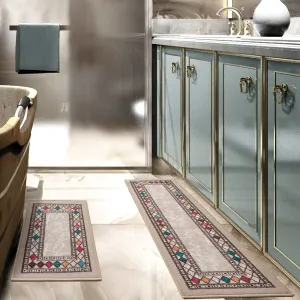 Antep Rugs Alfombras Modern Bordered 2pc Non-Skid (Non-Slip) Low Profile Pile Rubber Backing Indoor Kitchen Runner Rugs (Beige, 2pc Set)