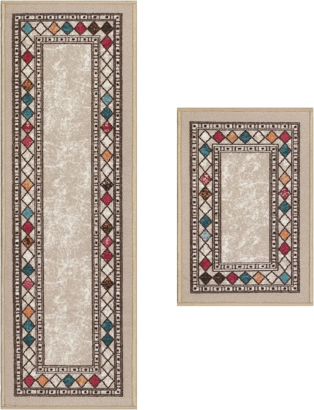 Antep Rugs Alfombras Modern Bordered 2pc Non-Skid (Non-Slip) Low Profile Pile Rubber Backing Indoor Kitchen Runner Rugs (Beige, 2pc Set)