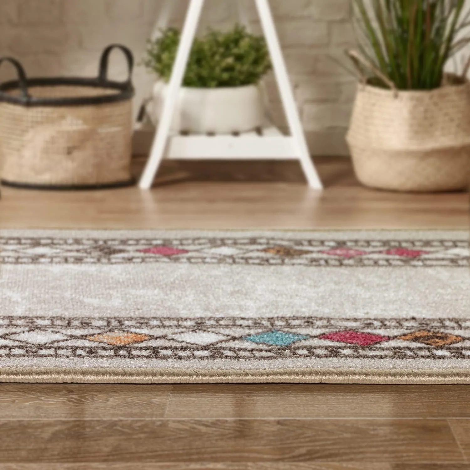 Antep Rugs Alfombras Modern Bordered 2pc Non-Skid (Non-Slip) Low Profile Pile Rubber Backing Indoor Kitchen Runner Rugs (Beige, 2pc Set)