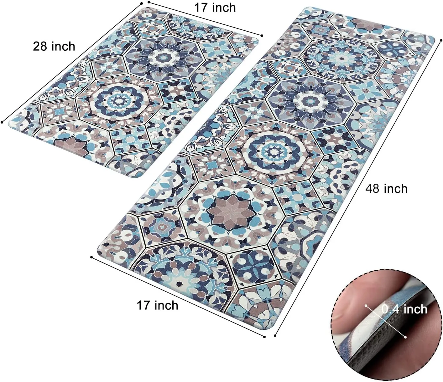 Anti Fatigue Kitchen Mat Set of 2 Blue Cushioned Kitchen Rugs Comfort Floor Mat PVC Waterproof Non Slip Kitchen Carpet Rug Runner for Sink Laundry 17"x48" 17"x28"
